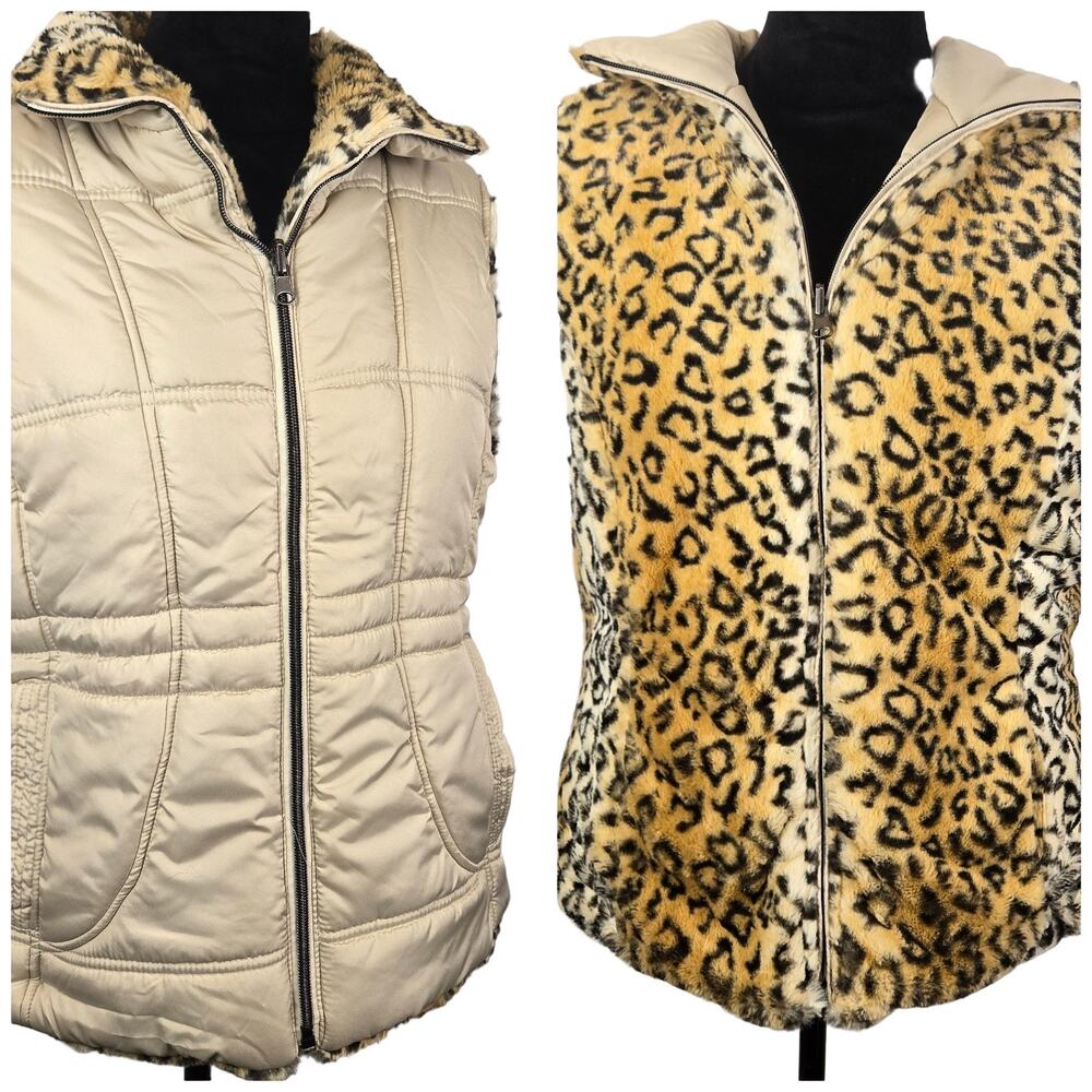 MOBWIFE KC Collections Reversible Quilted Puffer Vest M Faux Fur Leopard NEW